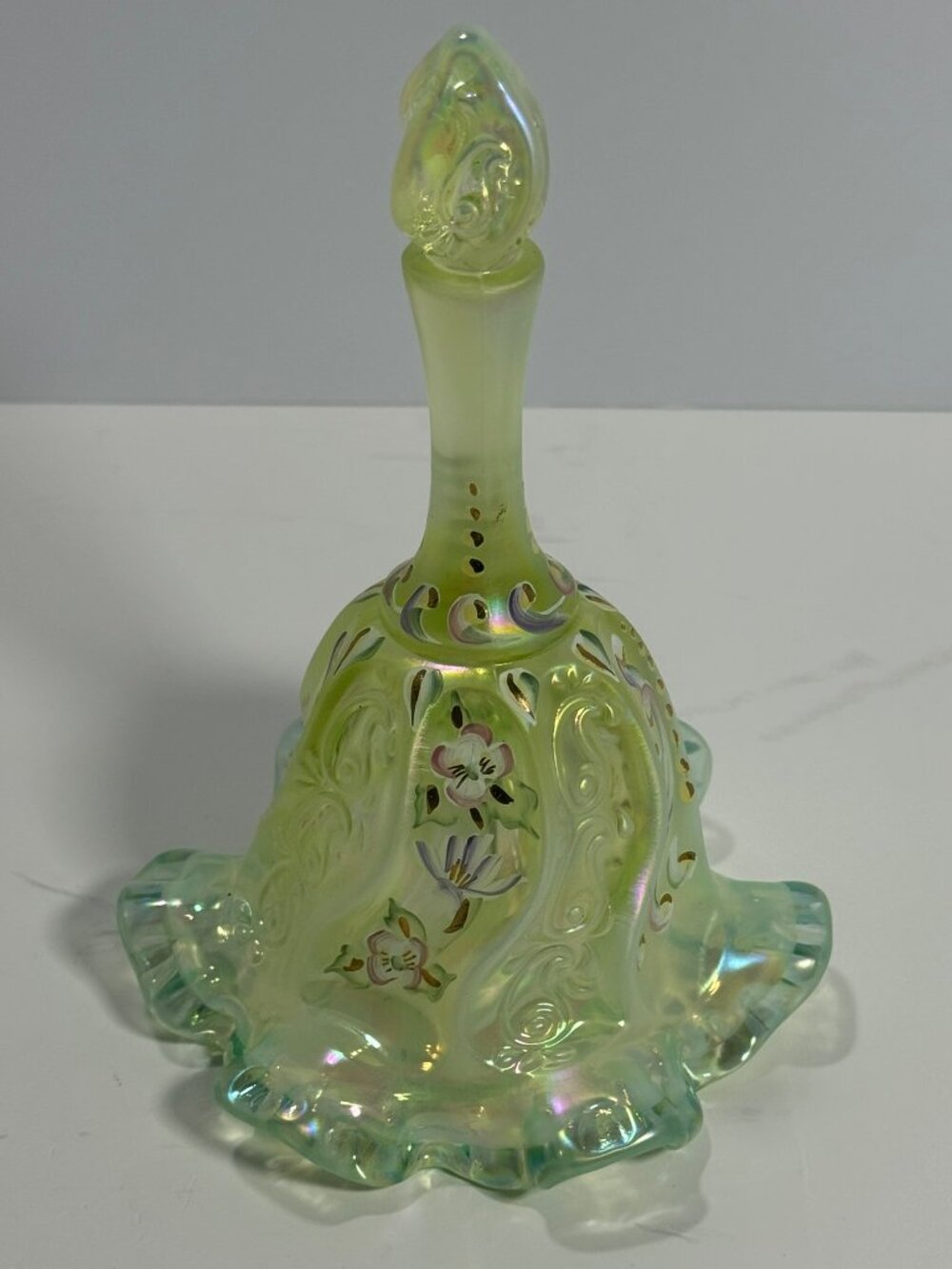 Fenton Topaz Swirl Opalescent Vaseline Bell Limited Edition #1554 of 2500